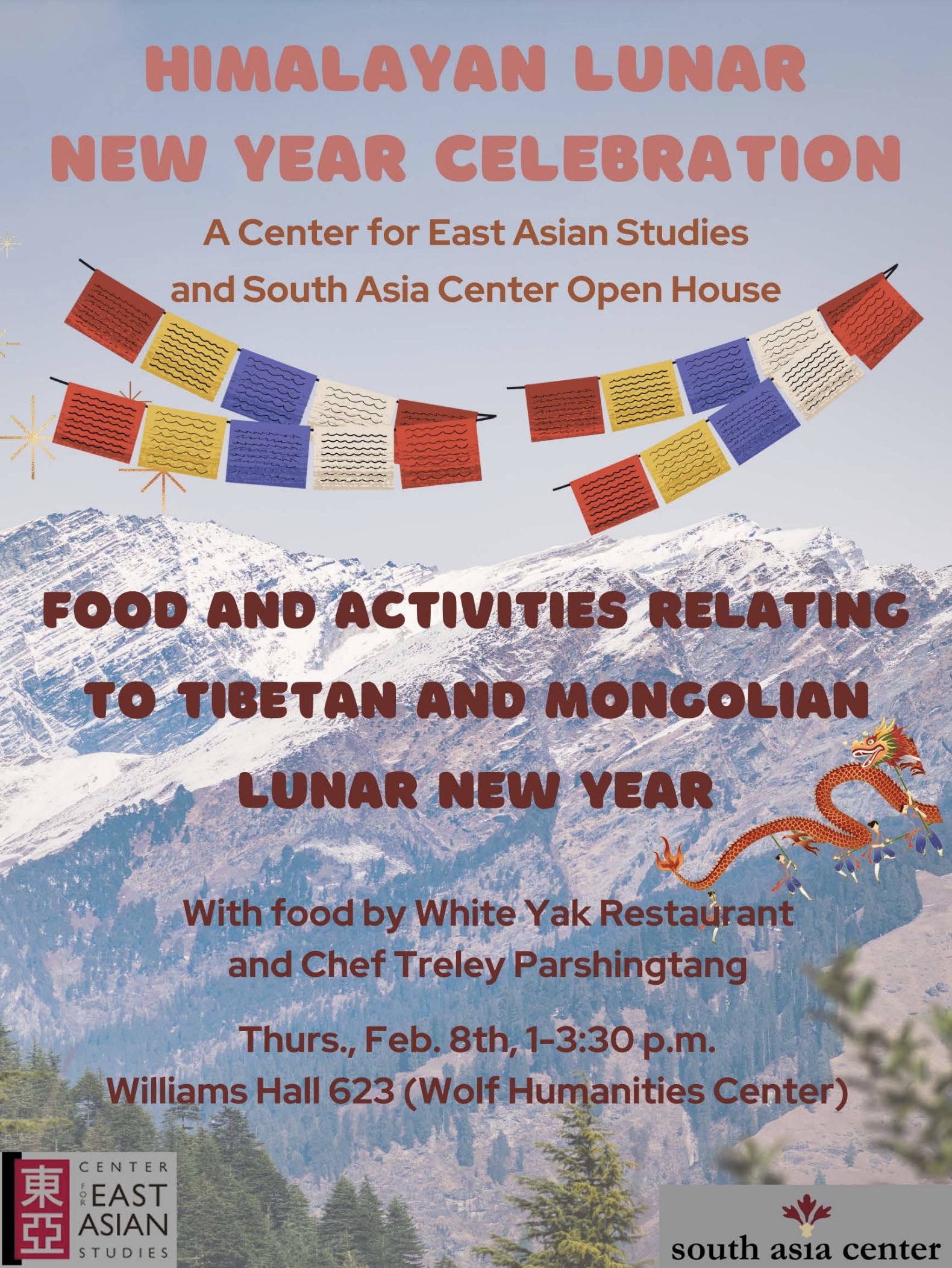 Flier for Himalayan Lunar New Year Event hosted by SAC and CEAS on February 8th in the Wolf Humanities Conference Room from 1-3:30pm. The background includes mountains and prayer flags.